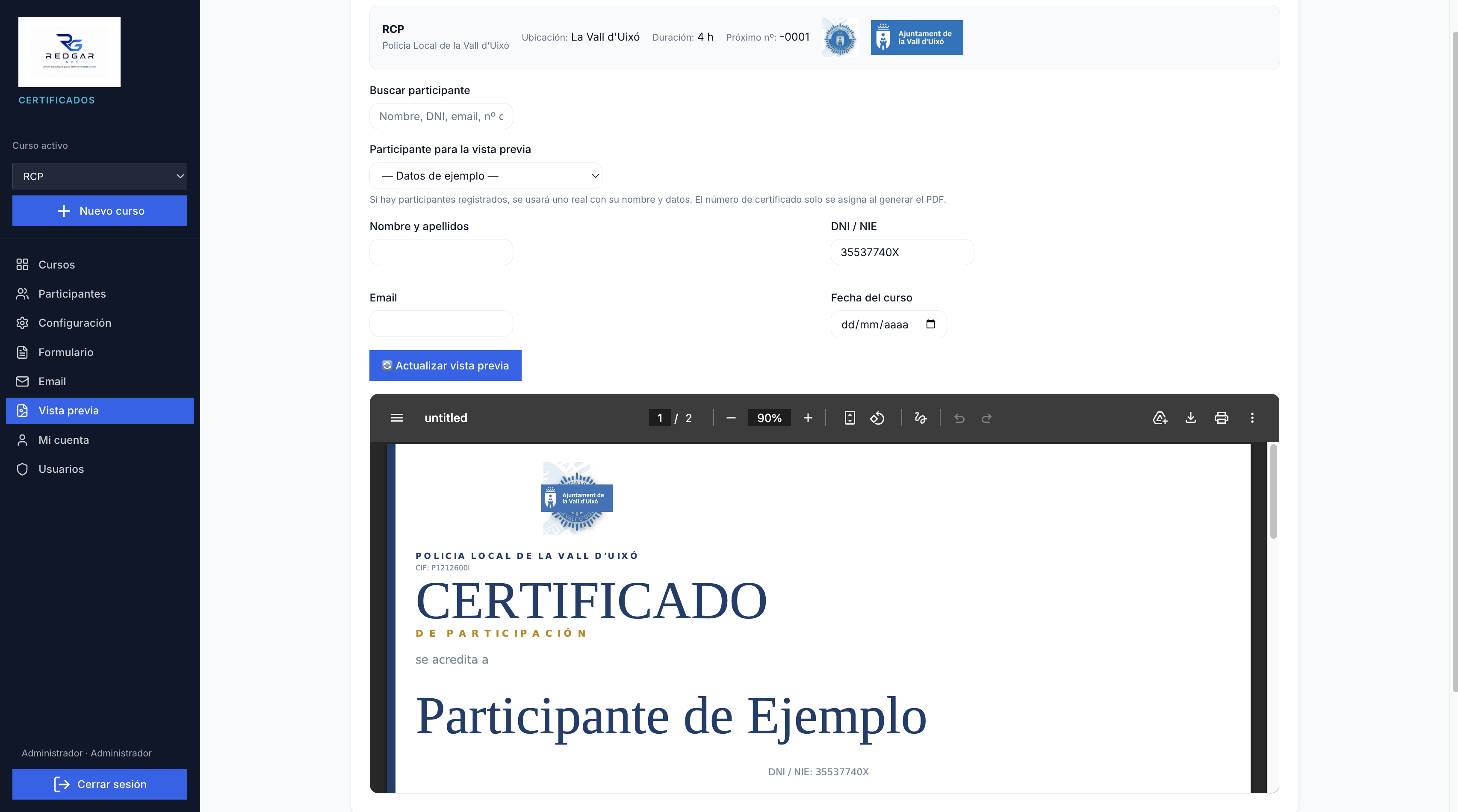 Captura de pantalla de REDGAR Certificados